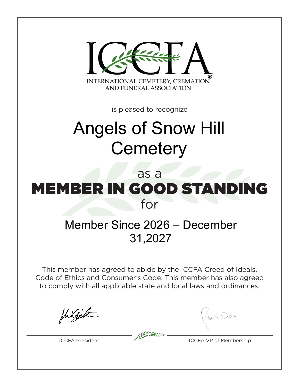 ICCFA certificate recognizing Angels of Snow Hill Cemetery as a member in good standing, member since 2026 through December 31, 2027.